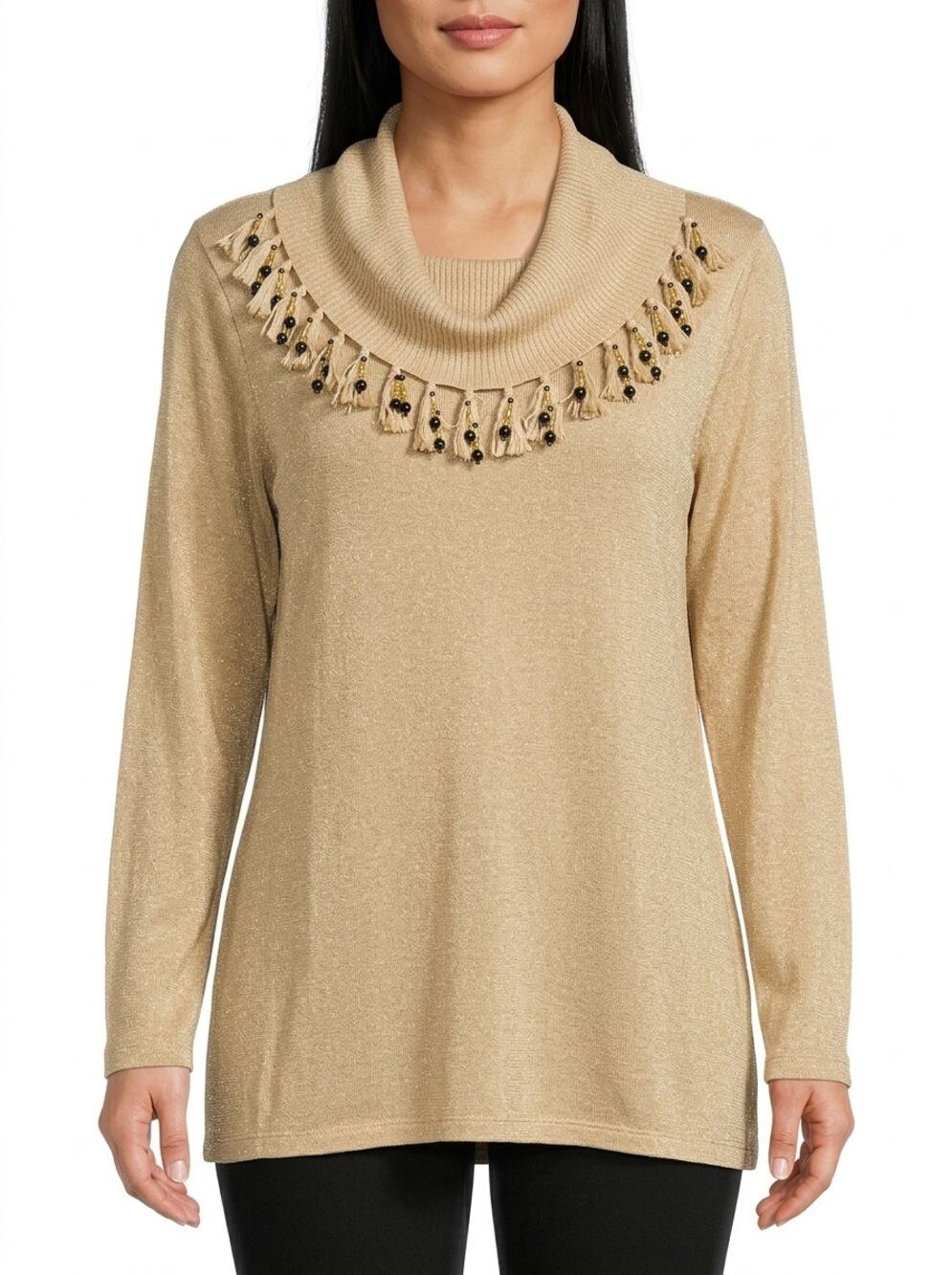 Dressbarn Beige Cowl Neck Beaded Tasselled Knit Sweater Women Plus Size 1X